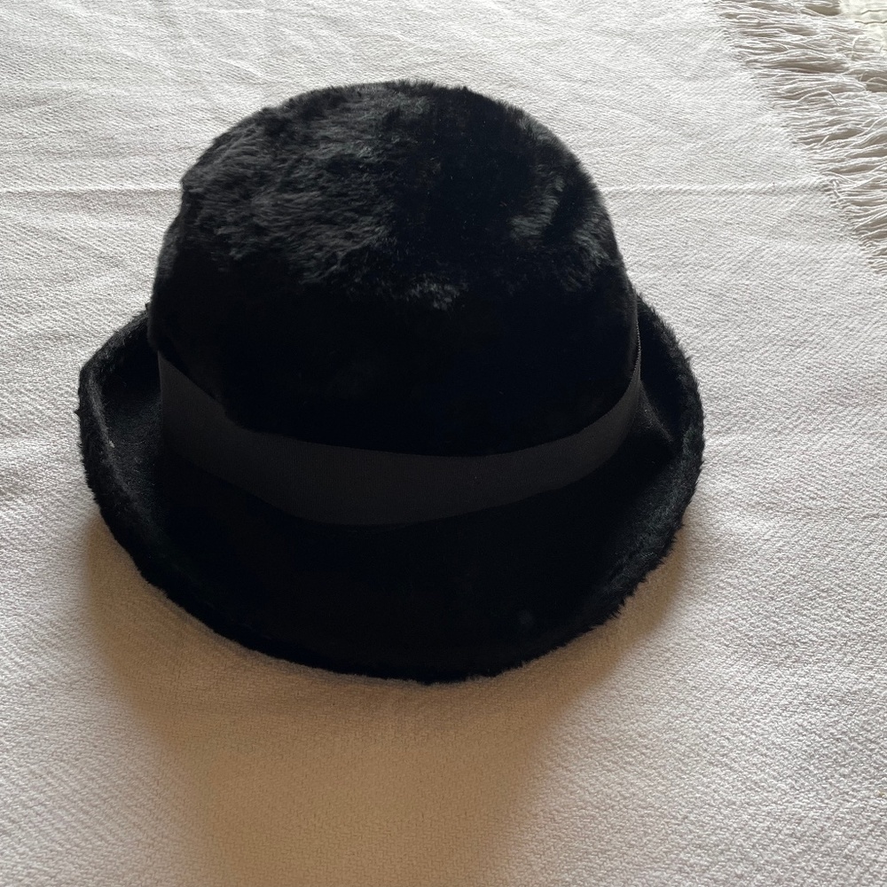 Vintage Faux Fur Black Hat with Grosgrain Ribbon, Size 22 1/2, Marche